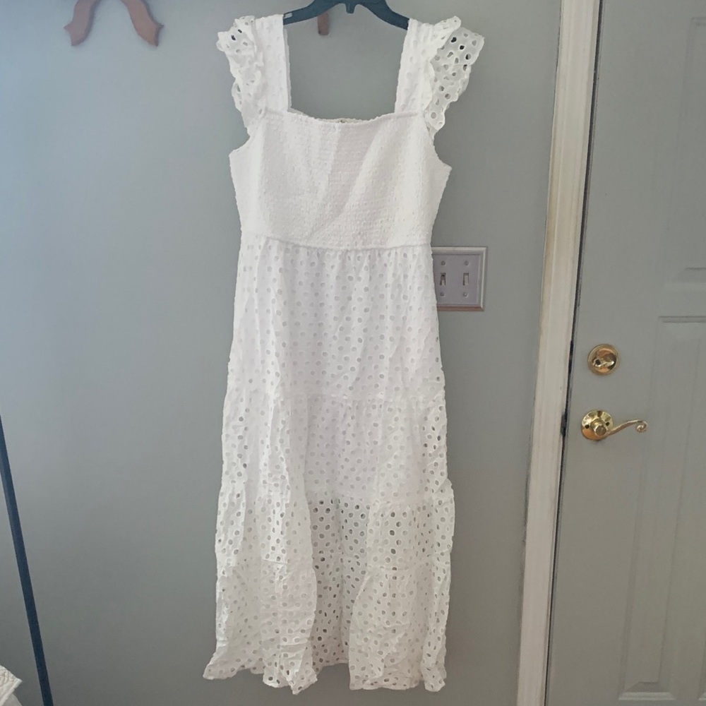 JODIFL White Eyelet Midi Dress with Ruffled Straps
